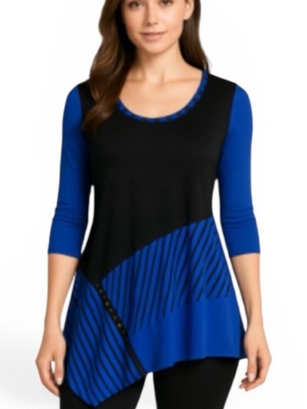 Vintage Inside Out Asymmetrical Scooped Neck Blue Black Tunic Top 3/4 Sleeve XL